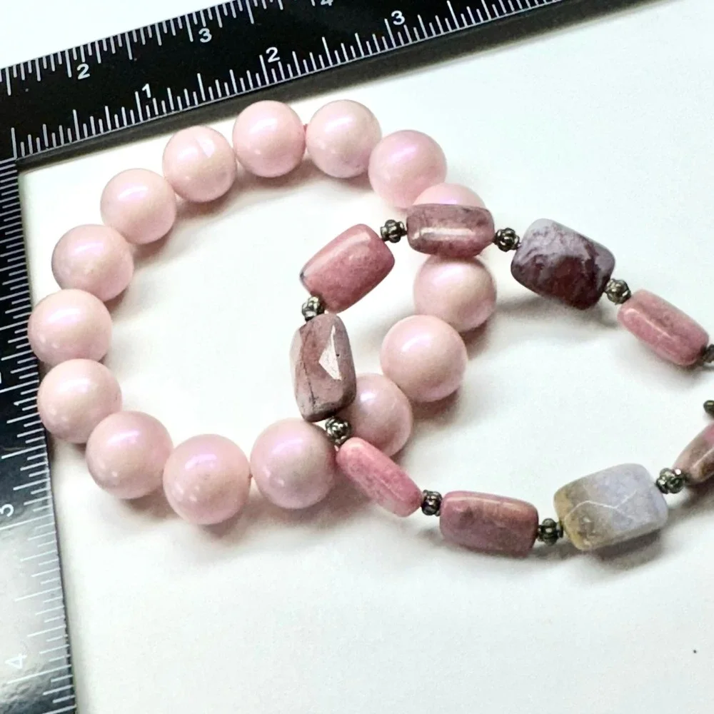 Chunky Pink Round Beads Mixed Gemstone‎ Style Toggle Bracelet Set of Two